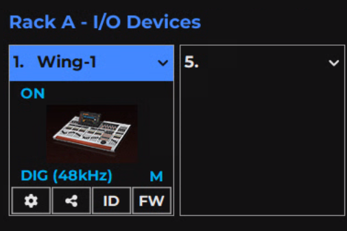 eMotion LV1's System Inventory, Rack A: slot one holds Wing-1, shown ON with the console pictured, running DIG at 48 kHz. The slot beside it is empty.