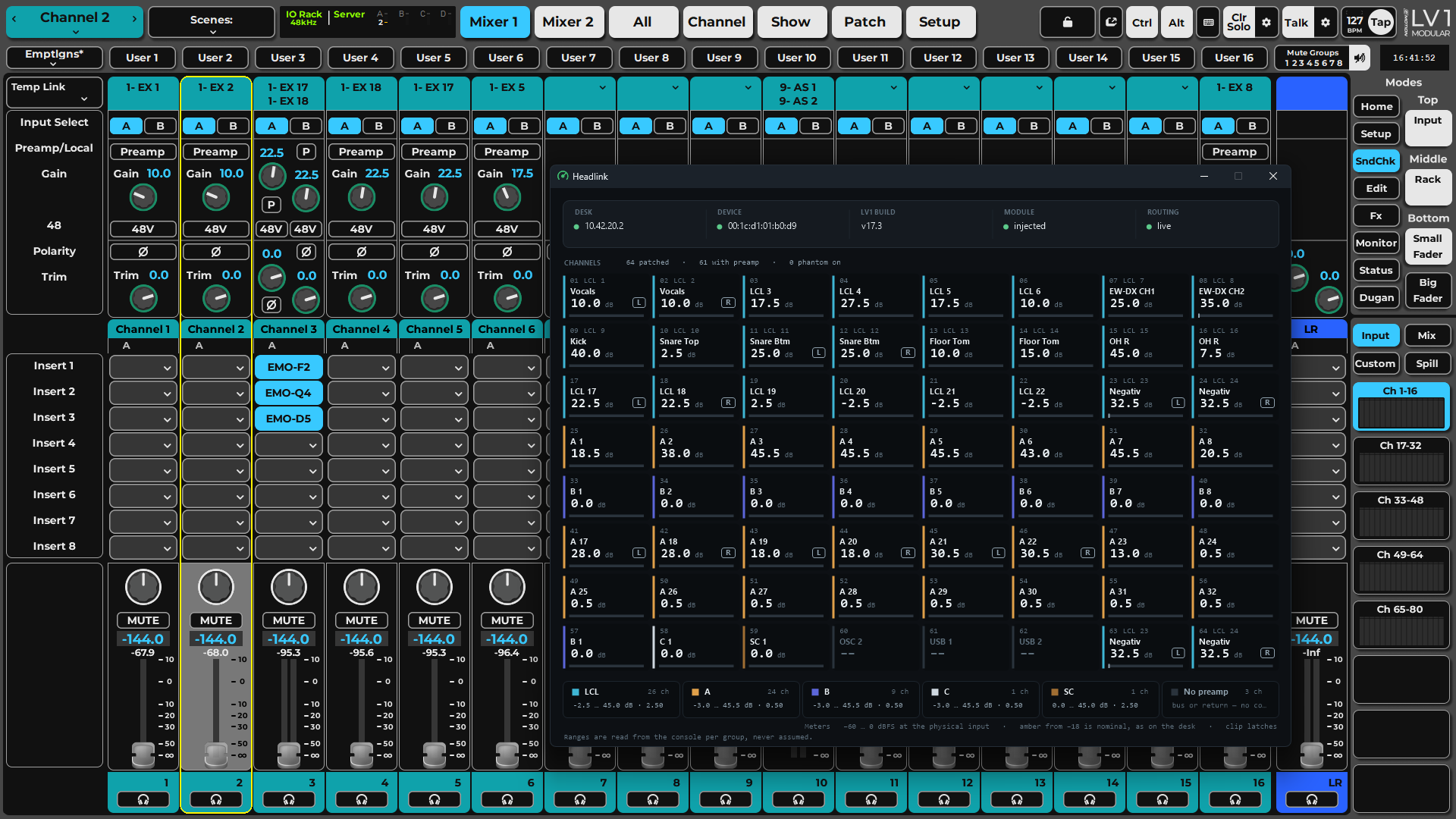 eMotion LV1 running with the Headlink dashboard open over it. LV1's channel strip shows preamp gain and 48V on the left; the dashboard behind lists all 64 inputs with their names, gains and meters, read from the same desk.