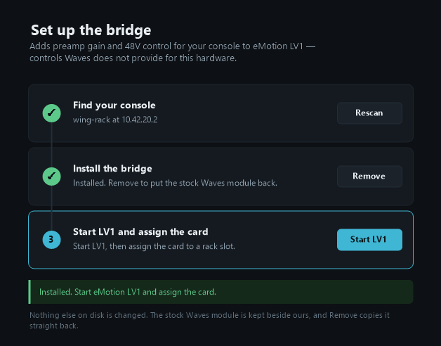 Headlink setup wizard: step one finds the console on the network, step two installs it, step three starts LV1.