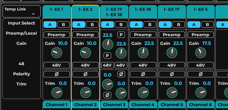 eMotion LV1's own channel strip: a Preamp section on six WING inputs, each with Gain, a 48V button, polarity and Trim. Two of them are a stereo pair fed by EX 17 and EX 18 and share one gain control.